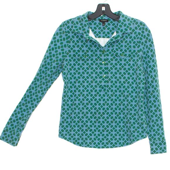 Talbots Womens Top Buttons Buckle Print Preppy Minimalist Retro Green Blue Small - Picture 2 of 4